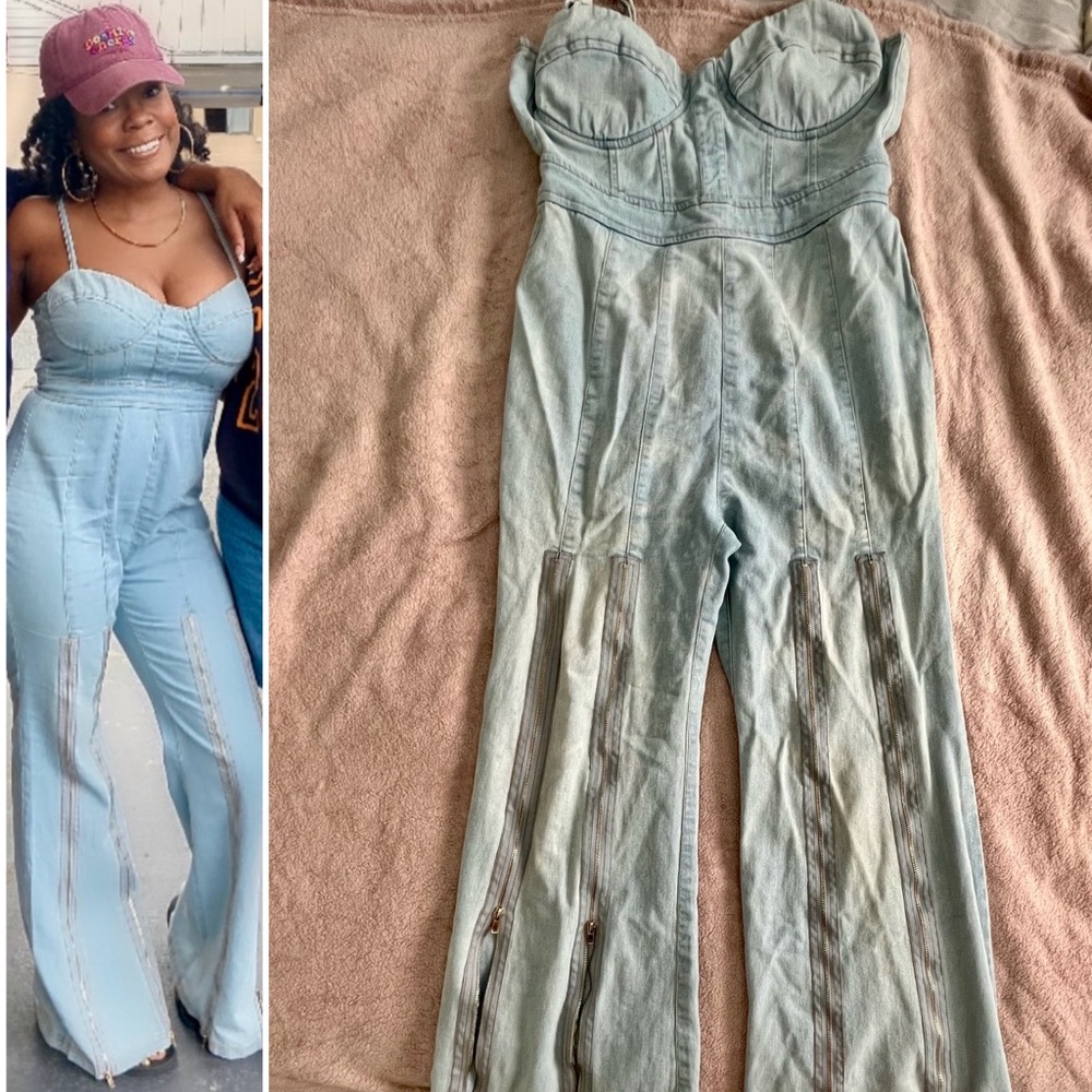 Chic Retro Light Blue Denim Zippered Bell Bottoms Jumpsuit
